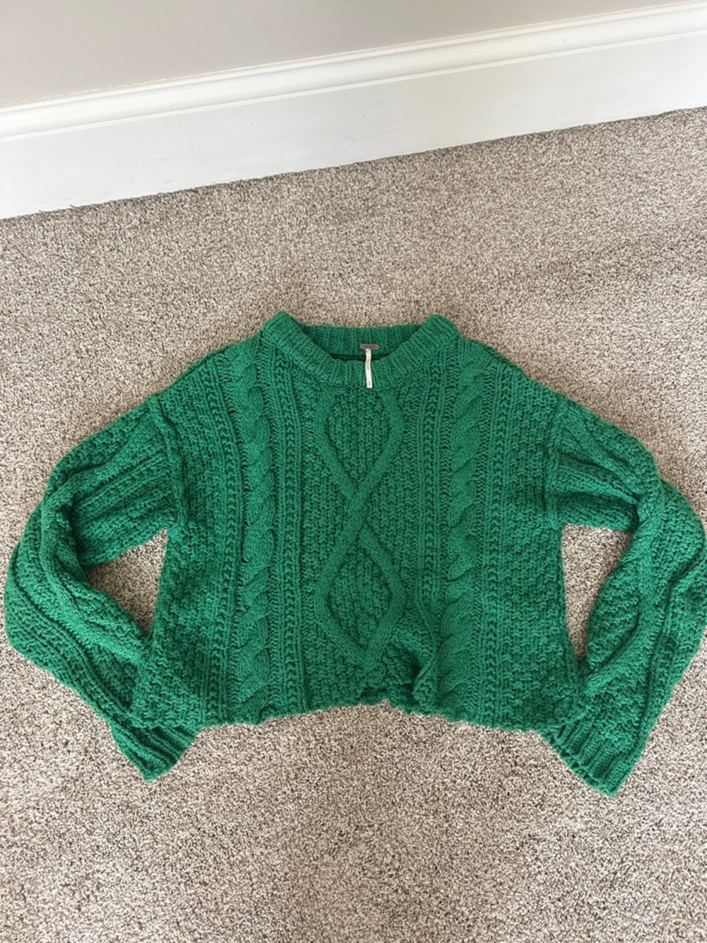 Free People Emerald Green Cable Knit Cropped Sweater